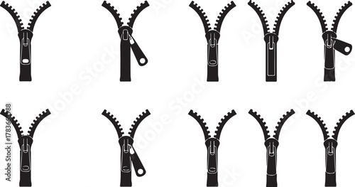 Set of zipper icons in various positions, perfect for graphic design and user interface elements, in vector format