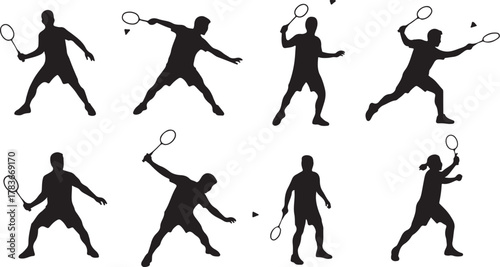 Dynamic silhouettes showcasing the diverse and agile movements of badminton players engaged in powerful strokes and game actions, ideal for sports-themed designs and athletic visual concepts