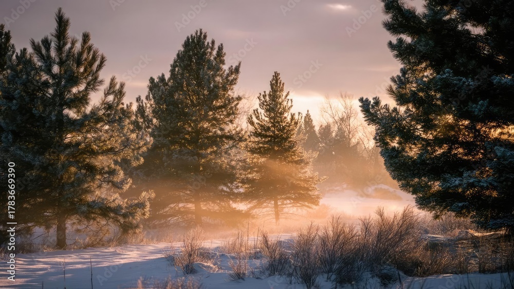 Fototapeta premium Snowy winter forest with tall pine trees, low mist, and golden sunrise light filtering through. Concept Snowy Forest, Pine Trees, Misty Landscape, Golden Sunrise, Winter Light