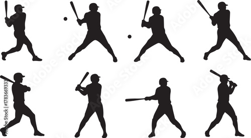 Collection of Silhouettes Depicting Baseball Players in Various Poses and Actions, Highlighting the Dynamic Nature of the Sport
