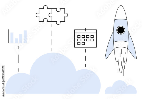 Rocket launching above clouds aligned with bar chart, puzzle pieces, and calendar. Ideal for business strategy, innovation, teamwork, success, productivity startups and planning themes. Simple flat