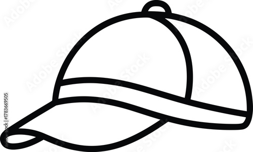Minimalist baseball cap illustration, black outline vector, simple sports hat icon, curved brim design, casual fashion accessory, isolated graphic element