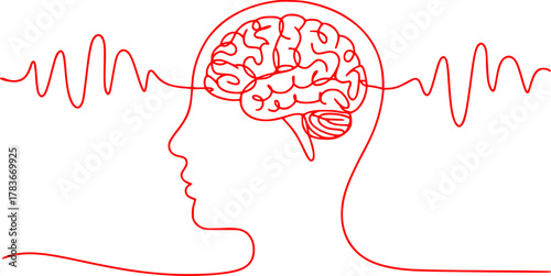 Red Line Art of a Human Head with Brain and Brainwaves