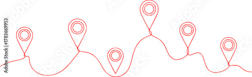Red Line Art of Connected Location Pins on a Wavy Path