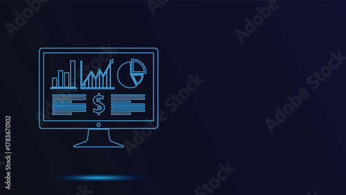 Glowing Blue Monitor Displaying Financial Data Charts Graphs and Dollar Sign Icon for Business Investment and Stock Market Analysis on Dark Background 150