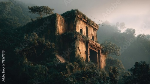 An old, ivy-covered ruin in a dense jungle, bathed in warm light with birds flying in the distance. Concept Ivy-covered ruins, Dense jungle light, Warm golden backlight, Birds in distance
