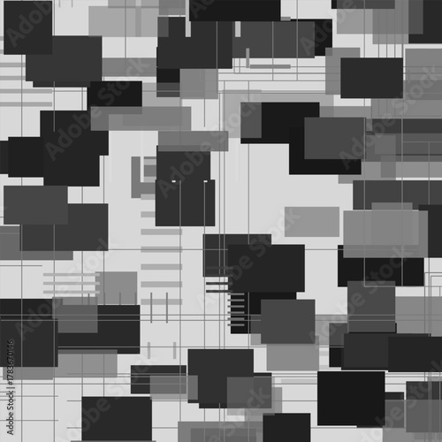 Abstract board. A composition of rectangles, lines and dots, executed in monochrome. Contrasting shades of gray, white and black give the work a modern and technological look.