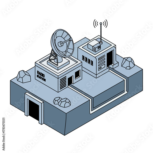 Isometric illustration of a futuristic radio communication station with satellite dish and antenna.