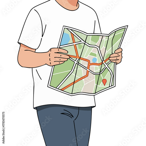 Person holding a folded map, looking for directions with a red marker indicating a location on the street grid