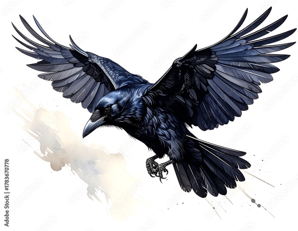 Naklejka premium Black Raven in Flight, Detailed Illustration.