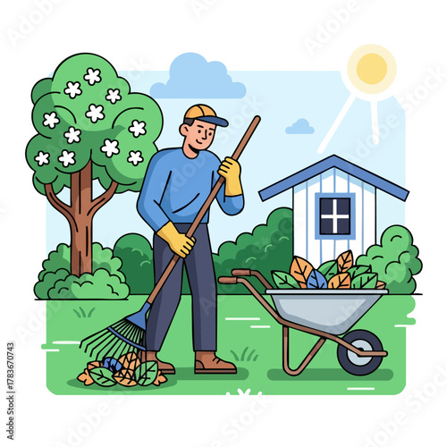 Gardener meticulously raking autumn leaves into a wheelbarrow in a sunny backyard next to a shed and a blooming tree
