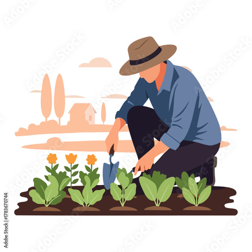 Farmer planting crops in a garden, tending to vegetables with a shovel and trowel