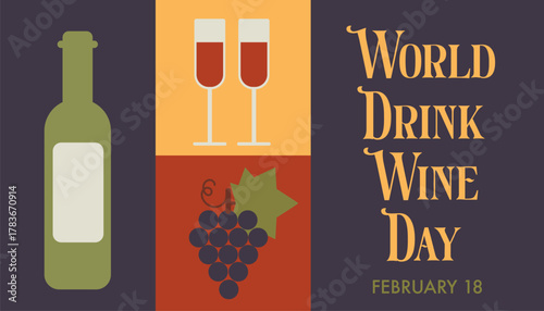 Abstract minimalist wine-themed illustration showing grape clusters, red wine glasses, and a bottle on dark background. Perfect for International Wine Day posters or ads.