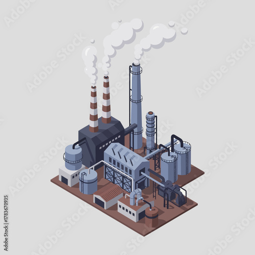 Isometric industrial factory plant with smoking chimneys and pipes.