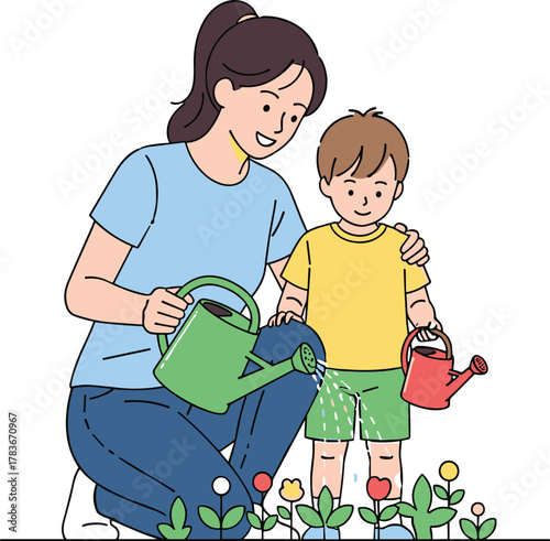 Mother and child watering plants together, family gardening activity, teaching responsibility, nature care, bonding time, outdoor lifestyle, eco-friendly parenting, flowers