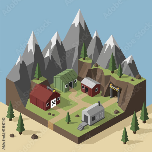 Isometric low poly vector illustration of a mountain mining village.