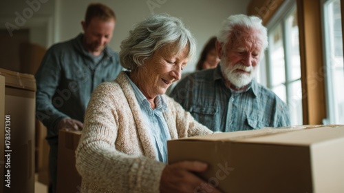 Wallpaper Mural Elderly Couple Moving Boxes in Bright Home During Packing Process Torontodigital.ca