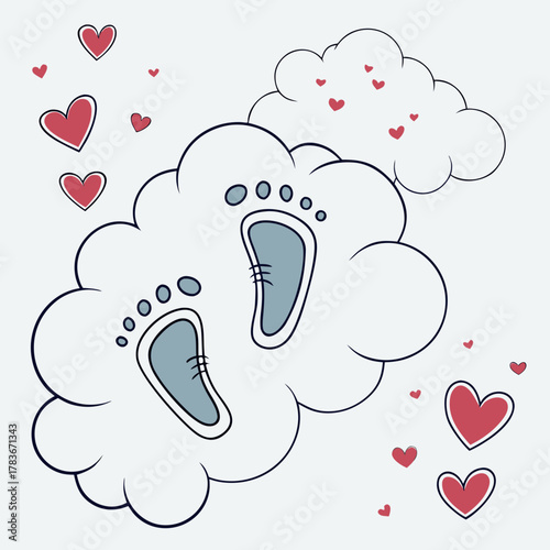 Baby footprints on clouds surrounded by hearts