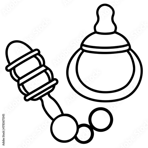 Baby rattle and bottle outline icons