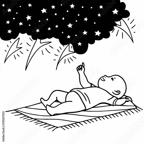 Baby gazing up at a starry night sky with lightning