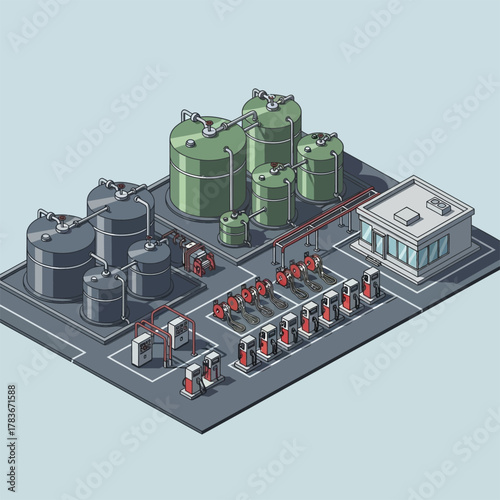 Isometric Oil Refinery Illustration with Storage Tanks and Buildings.