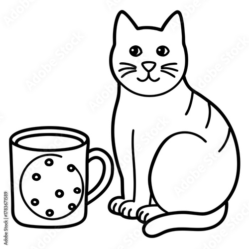 Cute cartoon cat sitting next to a mug with cookies design