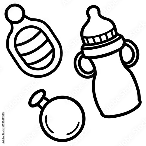 Simple outline icons of baby feeding and soothing items