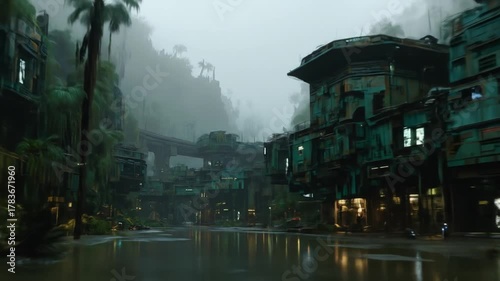 Mysterious cityscape illustration a tranquil waterside scene in tones of green