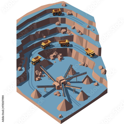 Isometric view of a large open-pit mine with dump trucks and a processing plant.