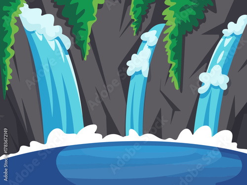 A beautifully illustrated scene of multiple waterfalls flowing over rocky cliffs, showcasing the tranquil essence of nature, with lush green vegetation enhancing the breathtaking view.