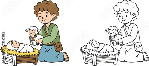 Young Shepherd Offering Lamb to Baby Jesus in Manger Nativity Scene Vector Illustration