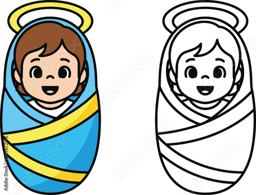 Cute Baby Jesus with Halo in Swaddling Clothes Adorable Christmas and Nativity Vector