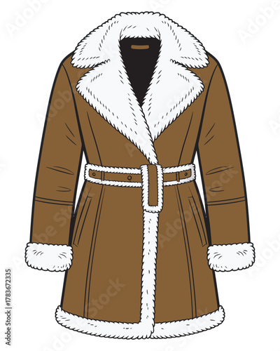 Fashionable winter coat illustration for women with faux fur trim