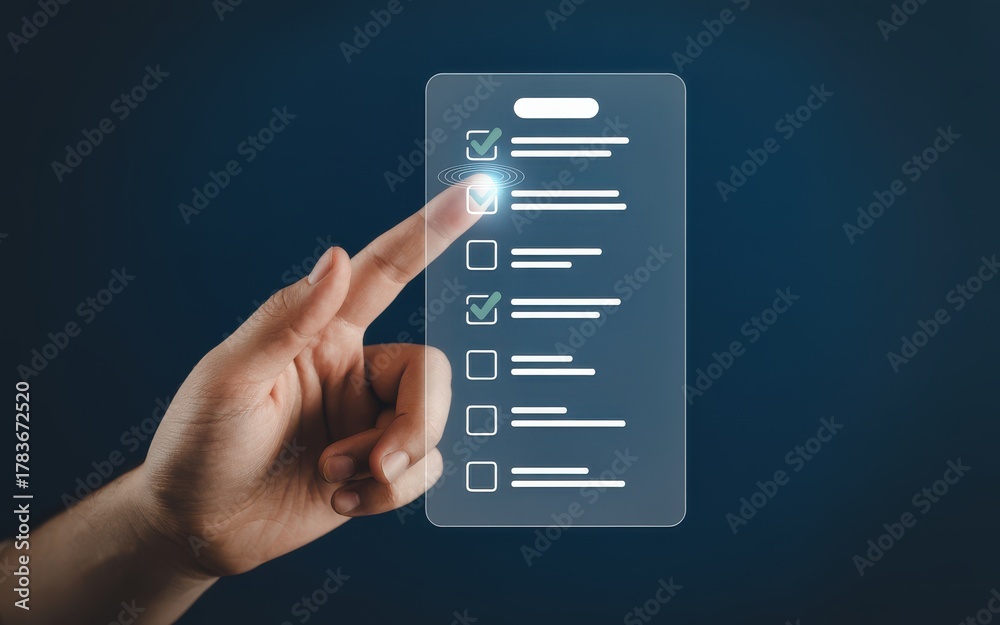 Obraz premium Digital checklist with a finger completing a task on a futuristic transparent screen