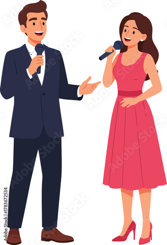 Vector artwork depicting a charismatic male and female duo performing a song