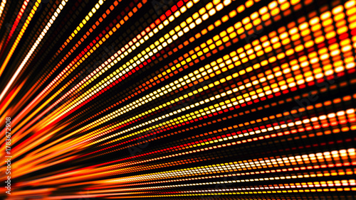 Digital flow. Light dynamics and pixel energy. The illustration shows a bright LED panel where bright multi-colored stripes create the effect of movement and energy. Vector illustration.