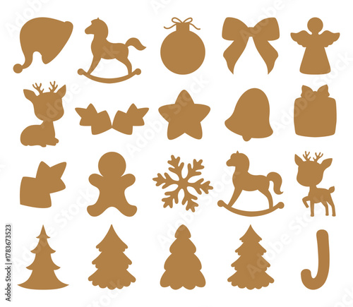 Christmas silhouette. Holiday templates for cutter craft machine. New year decoration. Cut shape for stencil isolated on white background. Flat cute vector illustration. Gingerbread cookie, horse, bow