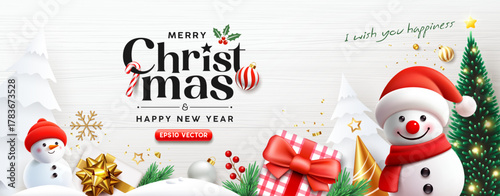 Merry christmas and happy new year present banner design on white wood background