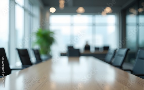 Blurred background of modern office with glass walls and a table in the foreground. Ai Generated Images. High quality
