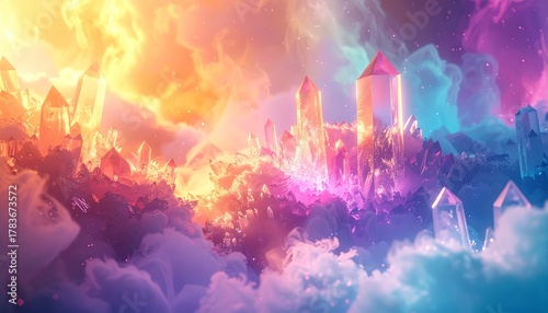 Magical burst of pure energy radiating through crystal formations, glowing light waves pulsing with vibrant colors and ethereal mist,