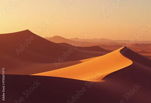 Fototapeta Naklejka Na Ścianę i Meble -  Breathtaking Desert Landscape with Flowing Golden Sand Dunes and Warm Sunset Glow