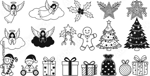 Christmas Icons Vector Outline Set, Angels, Holly, Gingerbread Man, Star, Trees, and Gift Boxes for Holiday Design, Festive Line Art Graphic Elements Collection.