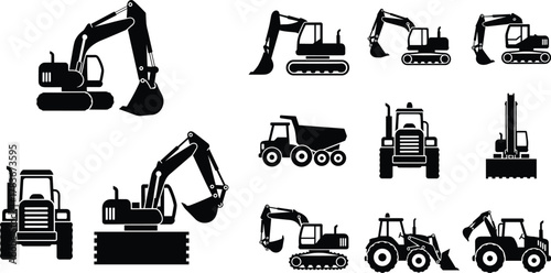 Heavy Construction Vehicles Silhouette Vector Icons Set, Dump Trucks, Excavators, Loaders, and Drilling Rigs Graphic Collection, Industrial Machinery Elements for Building and Mining Projects.