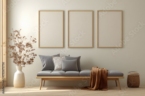 Minimal Scandinavian Living Room with Three Frame Mockups