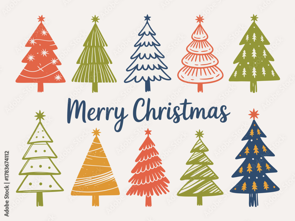 Obraz premium A vibrant set of illustrated Christmas trees in various styles and colors, conveying the festive spirit of the holiday season with joyful decorations and cheer.