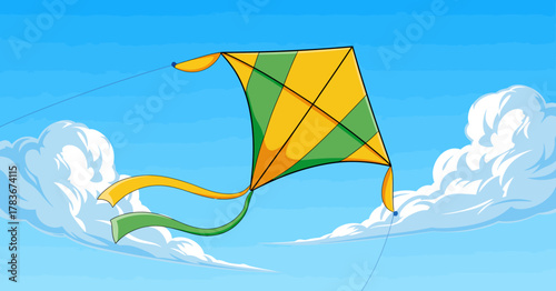 A vibrant kite adorned with yellow and green patterns soars high in a clear blue sky, capturing the essence of freedom, joy, and playfulness in an idyllic outdoor setting.