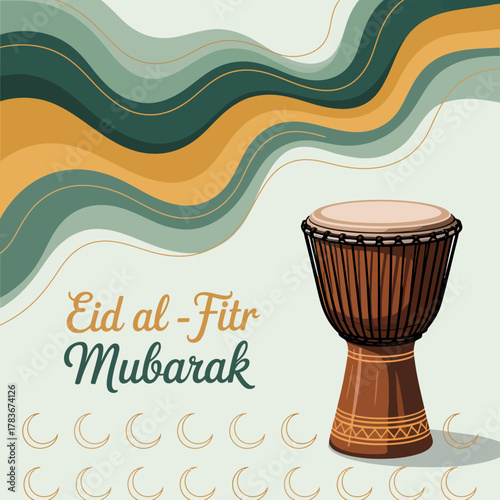 An artistic depiction of a traditional drum alongside flowing colors that capture the festive spirit of Eid al-Fitr, emphasizing cultural celebration and joy.