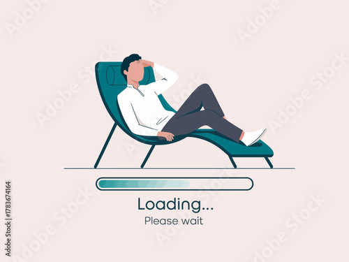 An illustration of a relaxed individual reclining in a modern chair, with a loading bar below, symbolizing patience, waiting, and the importance of taking a break in a digital age.