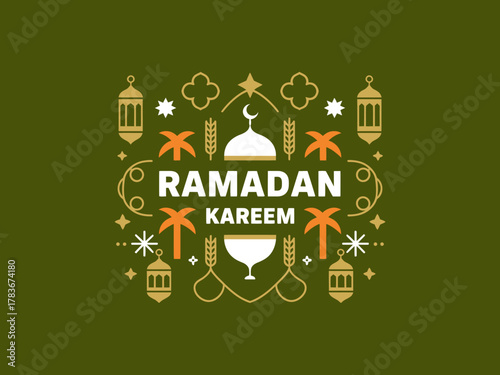 A vibrant Ramadan Kareem greeting graphic featuring traditional elements, such as lanterns and palm trees, capturing the festive spirit of the holy month.