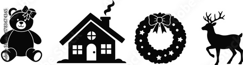 Black and White Christmas and Winter Holiday Vector Icon Set: Cute Teddy Bear, Cozy House, Decorative Wreath with Bow, and Majestic Reindeer Silhouette for Design.